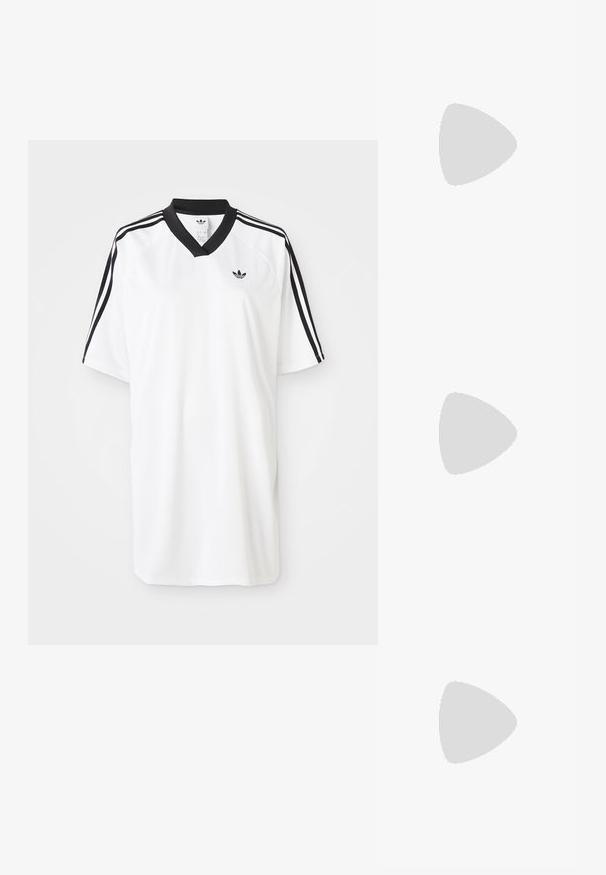 Schwarzes sportliches Tanktop aus leichtem, atmungsaktivem Material. Hat einen runden Ausschnitt und ein dezentes Logo auf der oberen linken Seite.; Weißes Sporttrikot mit kurzen Ärmeln, schwarzem V-Ausschnitt und schwarzen Drei-Streifen-Akzenten an den Schultern. Mit kleinem Logo auf der Brust.; Sportschuhe mit einem Obermaterial aus weißem Leder, grauer Wildleder-Zehenkappe und drei schwarzen Streifen. Sie verfügen über ein blaues Logo auf der Zunge und eine strukturierte Gummisohle.; Schildpatt-Eyegläser mit ovalen Gläsern und einer eleganten, glatten Oberfläche. Mit dünnen Seiten und einer subtilen Kurve an den Schläfen. Klare Gläser.