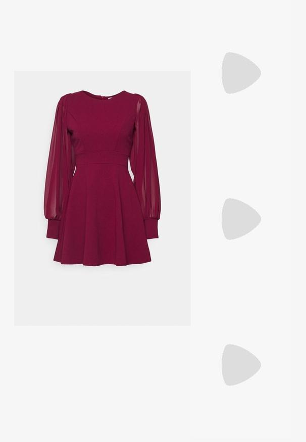 Bordo obleka z oprijetim zgornjim delom, razširjenim krilom in prozornimi dolgimi rokavi; ima okroglo izreznico in skriti zadrgo na hrbtu.; Srebrne ženske sandale s tankimi trakovi in črnim ravnim podplatom, ki imajo tanke kovinske trakove in nastavljiv vložek za gleženj. Gladka tekstura po celotni površini.; Beaded torbica z živahnimi barvami: roza, oranžna, modra in rjava. Teksturna površina s krožnimi biseri in organskimi oblikami, trdni ročaji.; Srebrna obročasta uhana s polirano površino, ki vključuje majhne zlate poudarke in okroglo obliko, nošena na ušesnem lobu.