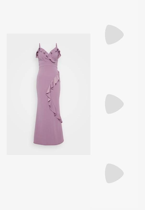 Lilac dress with spaghetti straps, featuring a ruffled neckline and a diagonal ruffle detail along the side. Smooth, fitted silhouette.; Metallic silver high-heel sandal with an open toe, featuring three thin straps across the foot and an ankle strap with a buckle.; Beaded handbag featuring vibrant colors: pink, orange, blue, and brown. Textured surface with circular beads and organic shapes, sturdy handles.; Silver hoop earring with a polished finish, featuring small gold accent details and a round shape, worn on the lobe.