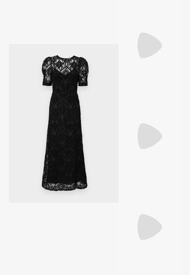 Černé krajkové šaty s nafouknutými rukávy, přiléhavým korzetem a sukní až na zem se bočním rozparkem. Složitý vzor s diamantovým motivem.; Černá lodička s špičatou špičkou a tenkým podpatkem, otevřenou zadní částí a kotníkovým řemínkem. Vyrobena z hladkého materiálu s elegantním designem.; Žlutá skládací kabelka vyrobená z hladké umělé kůže, s jemným tvarem, jedním ramenním popruhem a designem s nařaseným vrškem.; Čtvercové stříbro-zlaté hodinky s bílým ciferníkem, zlatými hodinovými značkami a pleteným kovovým páskem se střídajícími stříbrnými a zlatými články.