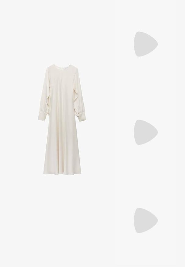 Long, cream-colored dress with a round neckline, balloon sleeves, and a flowing silhouette made from smooth, silky fabric.; Steve Madden VIBRANTLY - High heeled sandals - clear; ALDO MURIA - Handbag - white; Gold hoop earrings with a smooth, rounded design. Thin and lightweight, featuring a continuous loop without any embellishments.