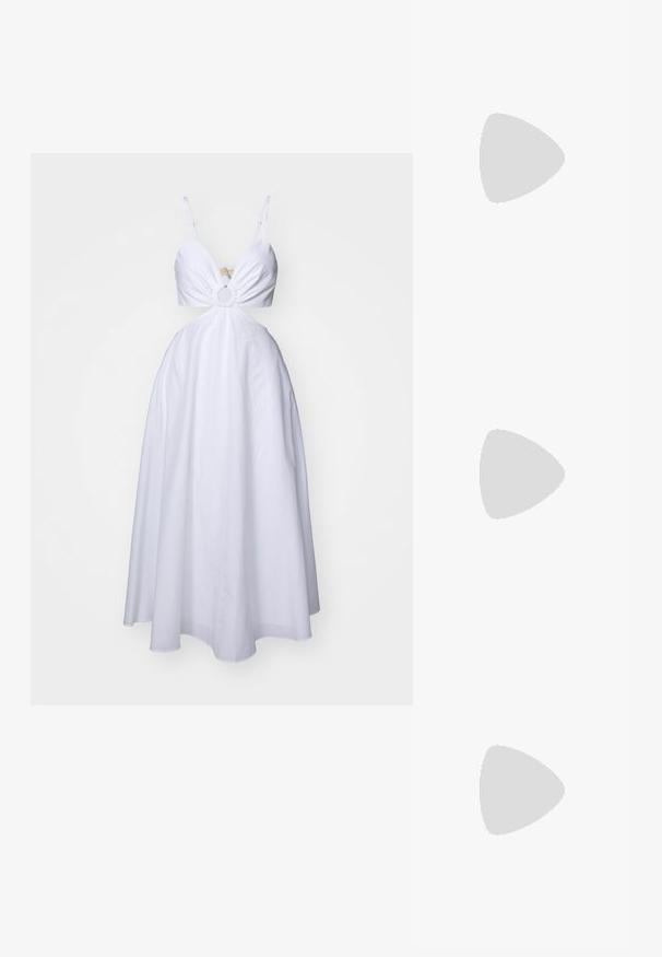 White dress with a fitted bodice, cutout detail at the waist, and flared skirt. Features thin straps and a textured circular accent.; Birkenstock ARIZONA - Sandals - metallic copper; Brown textured leather crossbody bag with gold chain strap and flap closure. Front features logo detail and a pocket under the flap.; Gold-tone metal hoop earrings with a curved, elongated shape. Features a smooth, shiny surface and a rounded tip for added detail.