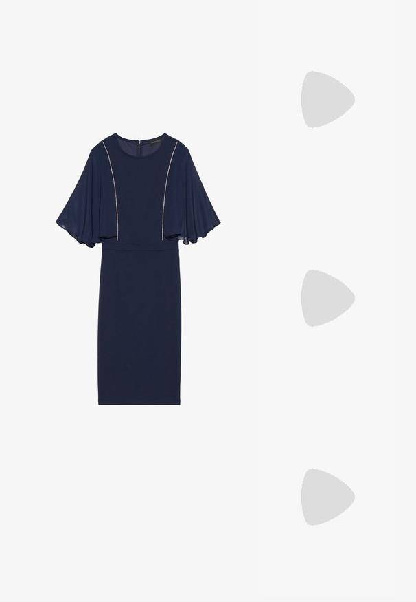 Navy blue dress with short, flutter sleeves, a round neckline, and embellishments along the front seams, designed for a fitted silhouette.; White high-heel shoe with a pointed toe, ankle strap, and textured leather finish. Features a sleek design and thin stiletto heel.; Black leather handbag with a curved design, gold-tone hardware, and a top handle. Features a sleek closure and smooth texture.; Zign 2 PACK - Bracelet - gold-coloured/silver-coloured