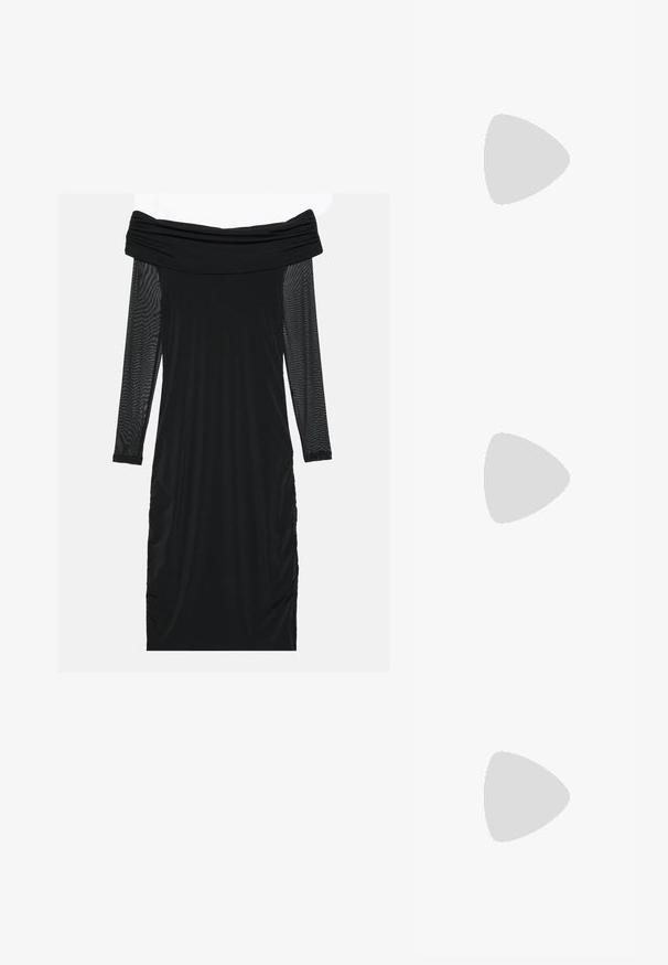 Abito nero off-the-shoulder con maniche lunghe in rete trasparente, lati arricciati, tessuto morbido e silhouette aderente.; Stivali bianchi alti fino al ginocchio con una finitura liscia e lucida. Tacco a blocco quadrato e dettaglio di cucitura sottile lungo il lato.; Occhiali da sole neri oversize con lenti sfumate, montatura spessa e dettagli in catena dorata sulle astine.; Borsa nera con superficie texturizzata, manici superiori doppi e tracolla regolabile. Dotata di hardware color oro e tasche laterali.