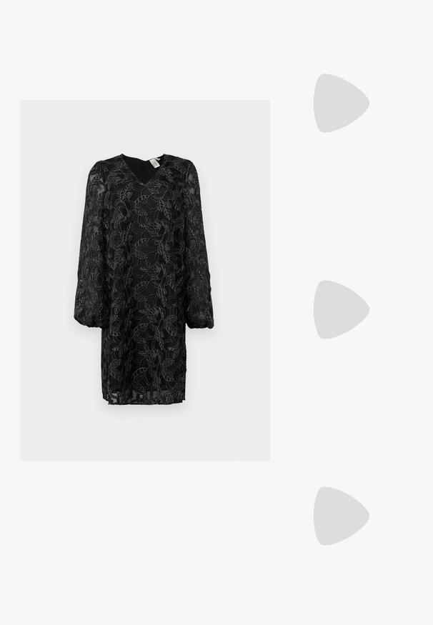 Marc Cain Basic T-shirt - lilac; Black lace dress with floral pattern, V-neck, and long puff sleeves. Sheer fabric with inner lining; loose fit and mid-thigh length.; Black high-heeled sandals feature thin straps with a knotted design, a smooth square toe, and a sleek stiletto heel.; Silver metallic clutch with an angular envelope design, smooth texture, and contrasting interior color, held in a hand wearing a black coat.