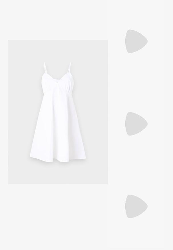 White sleeveless dress with a fitted bodice and flared skirt. Made from lightweight fabric, features delicate gathering at the front.; Black leather sandals with three wide straps and adjustable ankle buckle. Thick rubber sole with textured tread for grip.; Black leather handbag with a curved shape, detachable strap, and gold hardware. The bag features a flap with a buckle detail.; Gold-tone metal earring with a sleek, curved design. Features a distinctive pointed shape, polished surface, and hinge closure.