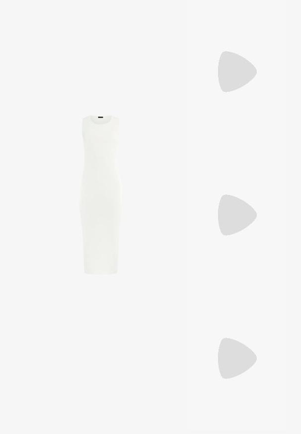 White ribbed midi dress with a round neckline and sleeveless design, featuring a fitted silhouette that tapers towards the hem.; Black leather heeled sandals featuring thin straps, a square toe, and a stiletto heel. Adjustable ankle strap for fit. Smooth texture.; Sunglasses with a cat-eye design, white plastic frame, gray gradient lenses, and thin temples featuring subtle branding detail.; Gold chain-link earrings featuring a clear crystal-accented design, with engraved "GUESS" branding and a smooth finish.