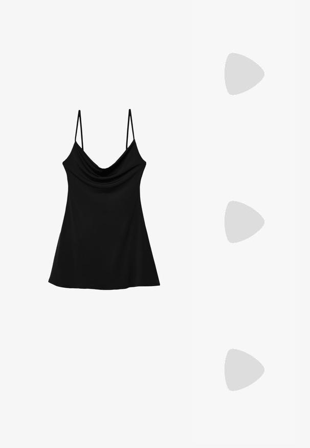Stradivarius FLOWING  - Vestito elegante - black; Sandal con tacco alto in raso rosso, con cinturino alla caviglia, tacco sottile, punta quadrata e un fiocco decorativo sulla fascia anteriore. Dettaglio della suola nera.; Occhiali da sole a forma di gatto con montatura in plastica nera opaca, lenti scure e un'accensione con logo dorato sulla stanghetta. Design angolare e superficie liscia.; Wristlet Michael Kors in tela rivestita beige con motivo a logo MK ripetuto, hardware dorato e tracolla a catena staccabile.