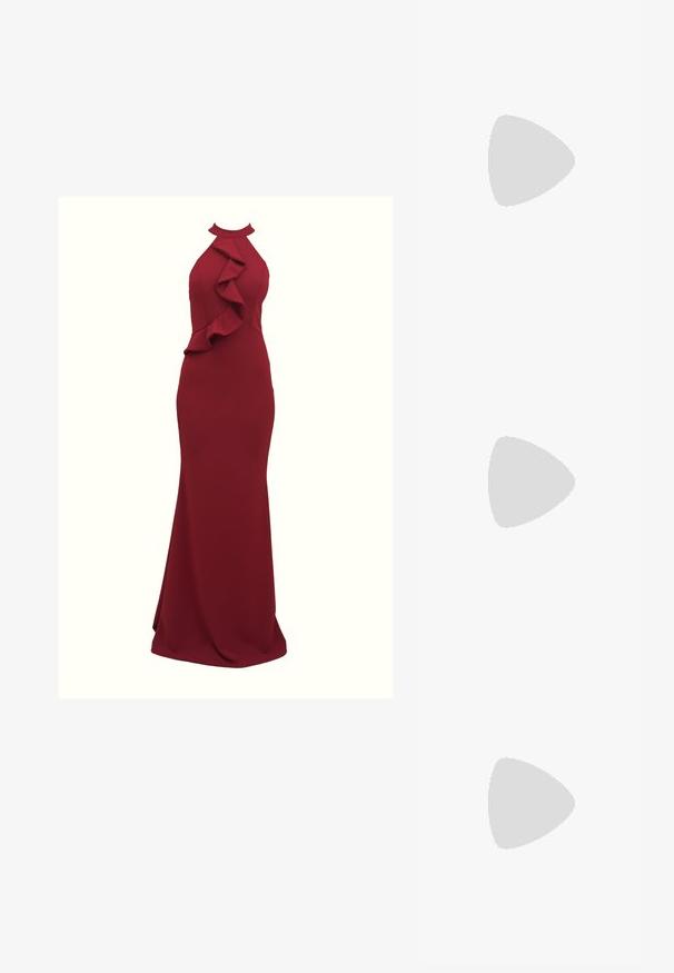 Abito bordeaux con scollo all'americana e dettagli arricciati ai lati; silhouette aderente; realizzato in tessuto liscio e elasticizzato; design lungo fino a terra.; Scarpa slingback in metallo dorato con punta affusolata, tacco leggero e cinturino regolabile. Texture liscia, design elegante e lati aperti.; Occhiali da sole a forma di gatto con montatura in plastica nera opaca, lenti scure e un'accensione con logo dorato sulla stanghetta. Design angolare e superficie liscia.; Wristlet Michael Kors in tela rivestita beige con motivo a logo MK ripetuto, hardware dorato e tracolla a catena staccabile.