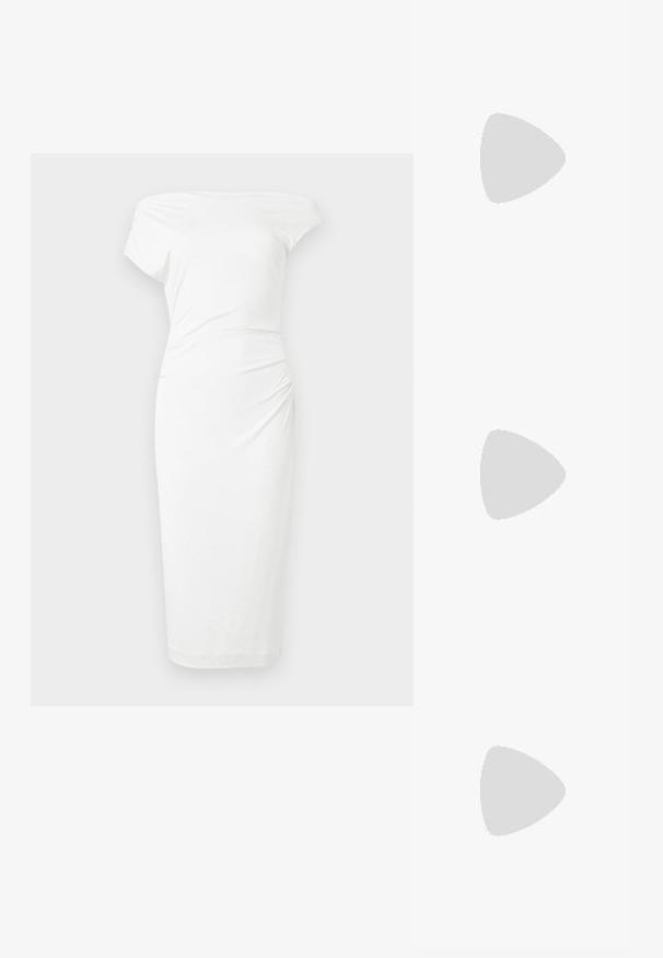 Balta off-the-shoulder suknelė, pagaminta iš lygaus elastingo audinio, prigludusi siluetas, iki kelių ilgio, su susiraukšlėjimais ties juosmeniu.; BOSS JANET - Aukštakulniai - medium purple; Balta odinė rankinė su išlenkta forma, su reljefiniu "CK" logotipu priekyje ir viena petneša. Užtrauktuko uždarymas viršuje.; DKNY HEART DROP - Auskarai - gold-coloured/cry