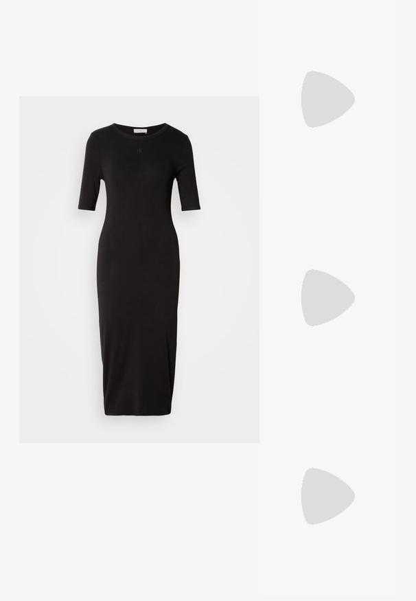 Black fitted dress made of smooth fabric, featuring short sleeves, a round neckline, and a mid-calf length. Subtle logo detail on chest.; Silver leather Mary Jane heels with two adjustable straps, squared toe, and chunky block heel. Smooth texture with a metallic finish.; White leather handbag with a curved shape, featuring an embossed "CK" logo on the front and a single shoulder strap. Zipper closure at top.; Gold-toned hoop earrings with a crescent shape, polished surface, and hinge closure. Smooth texture and reflective finish enhance visibility.