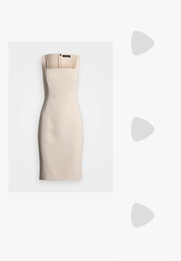 Strapless beige dress, fitted silhouette, zip closure at back, smooth texture, and square neckline with structured design.; Brown leather espadrille with a smooth texture, jute rope sole, and a gold logo accent on the side. Rounded toe with casual design.; Black leather tote bag with textured finish, elongated shape, dual handles, and gold-tone hardware accents.; Gold-tone metal hoop earrings with a curved, elongated shape. Features a smooth, shiny surface and a rounded tip for added detail.
