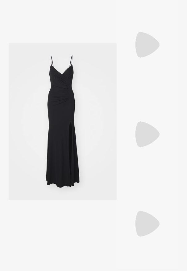 Black evening dress with slim, adjustable straps, a V-neckline, ruching on the bodice, and a thigh-high slit on one side. Made from stretchy fabric.; White high-heeled shoe with a pointed toe design, leather material, adjustable ankle strap adorned with rhinestones, and a slim stiletto heel.; Round sunglasses with dark lenses and gold frames. The model wears a light blue, ribbed cardigan with buttons and contrast white sleeves.; Michael Kors wristlet in beige coated canvas featuring a repeating MK logo pattern, gold hardware, and a detachable chain strap.