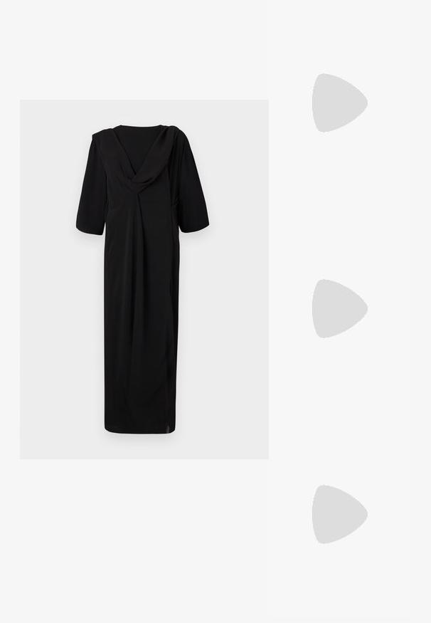 Black, knee-length dress with a draped back, short sleeves, and a relaxed fit. Made of smooth fabric, featuring subtle stitching details.; Black leather high-heeled pumps with a pointed toe, open sides, and a sleek silhouette. Features a thin heel and red sole accent.; Black leather bag featuring an asymmetrical design with a textured surface. It has a simple handle and a subtle logo accent.; Silver-tone earrings featuring clear, sparkling stones in various shapes, including round and marquise, arranged in a floral design.