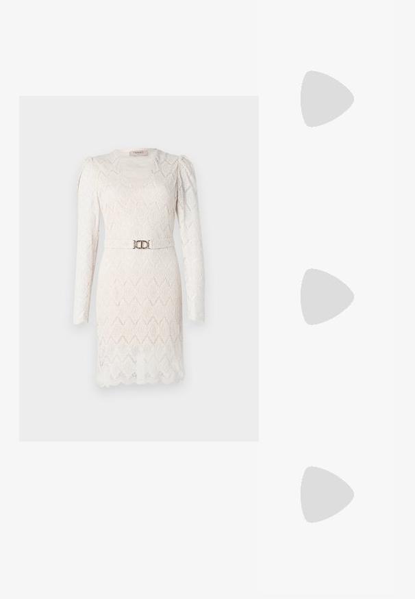 Lace dress in off-white with long sleeves, V-neckline, and a patterned texture. Features a silver-tone belt at the waist for accent.; Call it Spring RHODDE - High heeled boots - medium brown; Tortoiseshell sunglasses with elongated oval lenses, brown tint, gold logo accents on temples, and sleek black arms.; Gold-tone twisted rings stacked together, featuring a textured design with smooth and curved edges, creating an organic, flowing appearance.