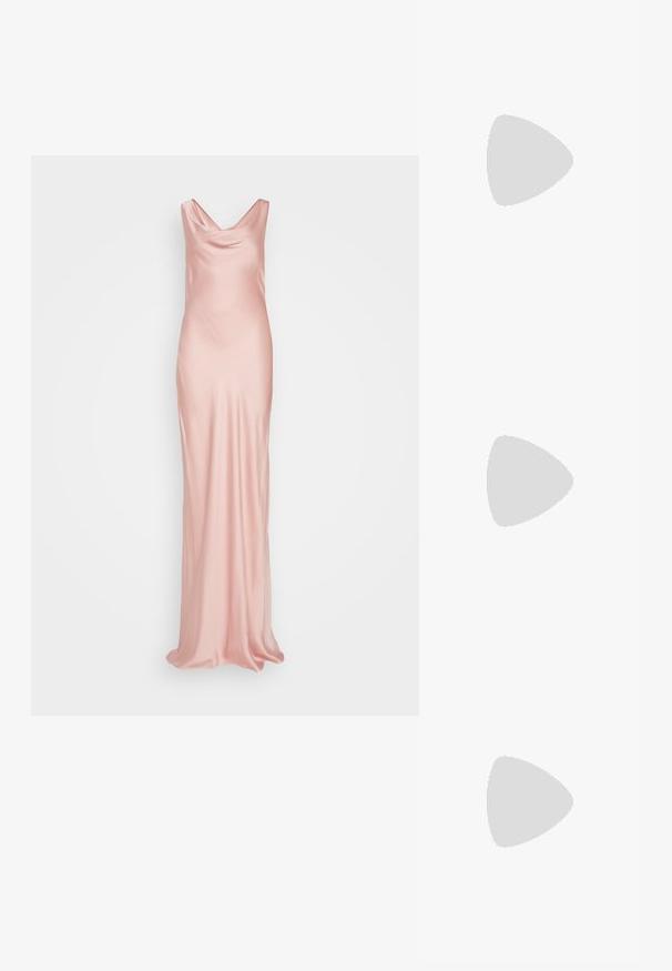 Satin roza obleka s cowl izrezom in prilegačo silhueto, ki ima dolžino do tal in gladko teksturo.; Anna Field Gležnjarji - white; Črna usnjena torba preko telesa z teksturirano površino, nastavljivim trakom in srebrnim okovjem. Ima sprednji pokrov z zaponko.; Srebrne obročeve uhane s gladko, sijočo površino, minimalističnim dizajnom in varnim zapiranjem na vrhu.