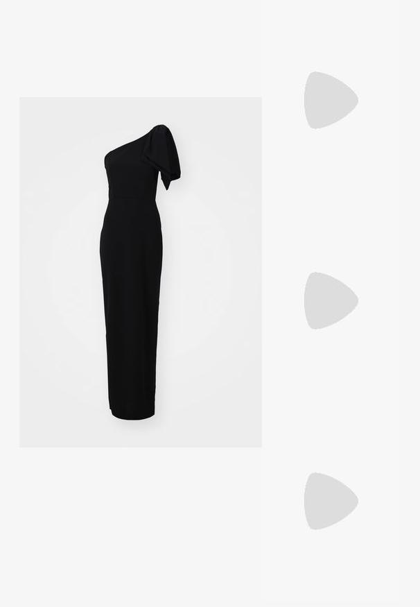 Abito nero aderente con design asimmetrico a spalla unica e dettaglio a manica puff. Realizzato in un tessuto liscio, lungo fino al pavimento.; Tacchi alti in stampa leopardata realizzati in materiale lucido, con punta affusolata e tacco a stiletto, che mettono in mostra un motivo animale testurizzato.; Borsa a tracolla in pelle sintetica nera con design curvo, tasca anteriore con zip e hardware decorativo, completa di una pochette rotonda staccabile per le monete.; Orecchini a cerchio in oro con una forma testurizzata e irregolare. Realizzati in metallo, presentano un design continuo senza chiusure.