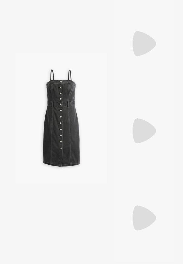 Black sleeveless vest made of a smooth fabric, featuring silver stitching detailing and a front zipper closure, designed with a high collar.; Black denim dress with thin straps, button-down front, fitted waist, and straight skirt. Features stitching details for texture and structure.; Silver metallic slingback flats with a pointed toe, featuring a knot detail on the front and an adjustable strap for secure fit.; Black leather handbag with a curved shape, detachable strap, and gold hardware. The bag features a flap with a buckle detail.; Black leather handbag with a curved shape, detachable strap, and gold hardware. The bag features a flap with a buckle detail.; Gold-tone hoop earrings with a smooth, polished finish. Features a half-circle shape and a secure post closure.