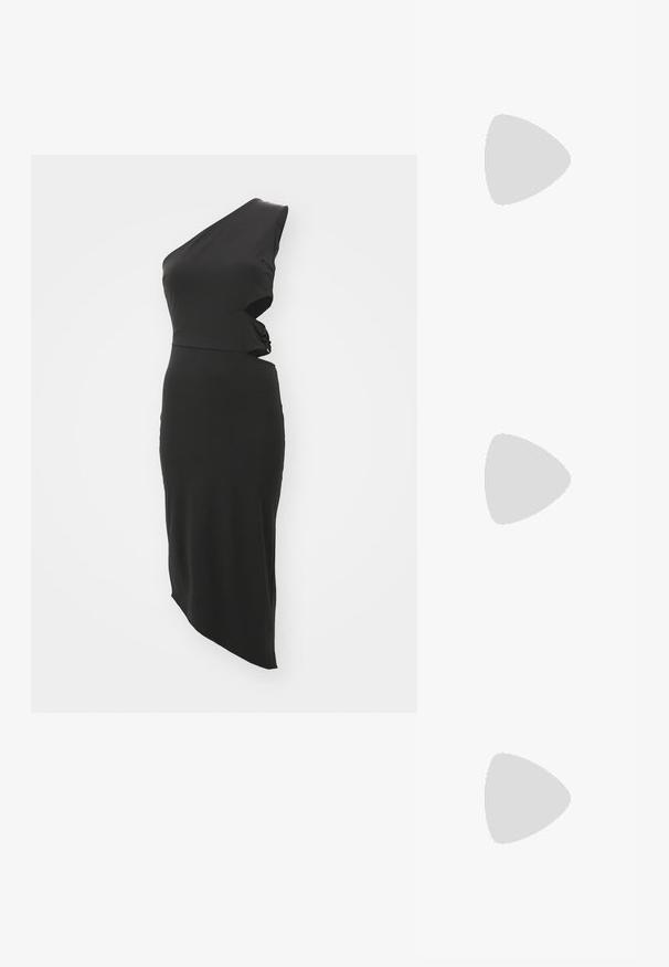 Black one-shoulder dress with a fitted silhouette, asymmetrical hem, and twisted design at the waist. Made of smooth, stretchy material.; Silver high-heeled sandal featuring clear straps with rhinestone accents, an open toe, and a metallic heel with a smooth finish.; Silver mesh clutch bag with a textured, woven design, featuring a fold-over flap and a removable chain strap for carrying.; Crystal drop earrings with silver-tone hardware, featuring a square stud and cascading rows of rectangular and octagonal crystals.