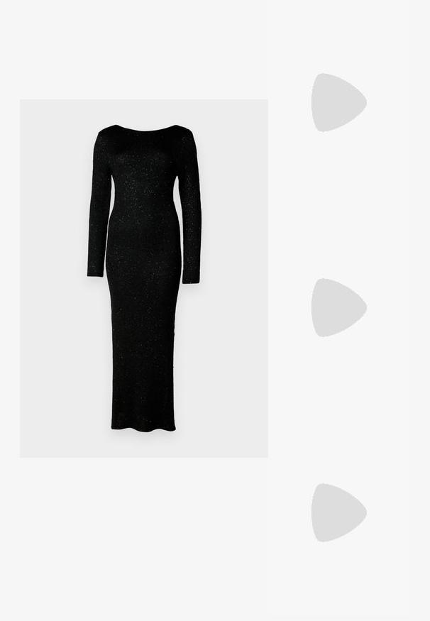 Black long-sleeve top with a twisted front design, made of a textured, sparkly fabric. Features a wide, off-the-shoulder neckline.; Black, long-sleeve dress made of textured fabric with a fitted shape and floor-length design, featuring subtle sparkles throughout.; Brown leather cowboy boots with pointed toe and block heel, featuring detailed stitching and raised accents on the shaft.; Black leather clutch bag with a flap and a gold metal buckle detail. Includes a black strap and a sleek, minimalist design.; Silver hoop earrings with a twisted design, featuring a polished finish and post-back closure. Measure approximately 3 cm in diameter.