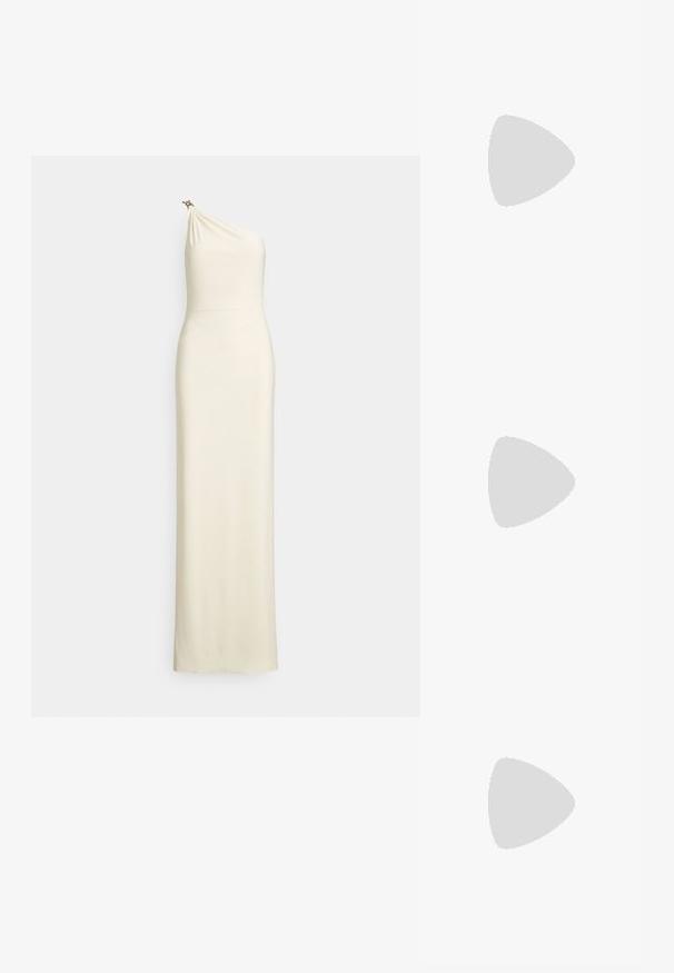 Prigludusi, viena petį dengiančia suknele iš kreminės spalvos audinio. Drapuotas liemuo su subtiliu blizgesiu ir dekoratyvia metaline detalė ant peties. Suknelė siekia grindis.; Rudos odinės espadrilės su lygiu paviršiumi, jūrinio virvės padu ir auksiniu logotipo akcentu šone. Suapvalinta nosis, neformalios dizainas.; Juodas patentuotas odinis rankinukas su išlenkta forma, reguliuojamu diržu ir auksinių tonų detale šone. Lygus, blizgus paviršius.; Lauren Ralph Lauren BASIC SMALL HOOP - Auskarai - gold-coloured