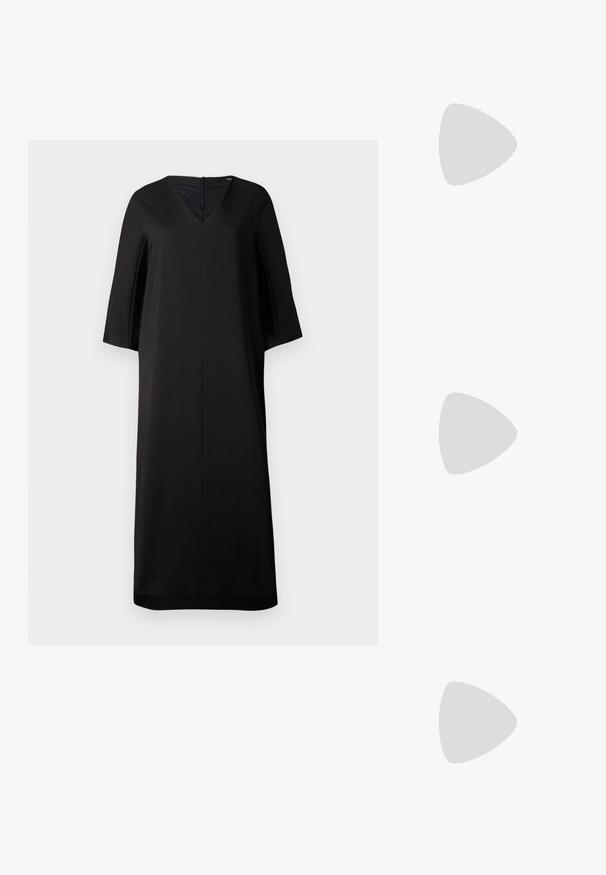 Black V-neck dress with short, wide sleeves. Made of smooth fabric. Features a concealed back zipper and a loose, straight silhouette.; High-heeled pump made of smooth cream-colored leather. Features a pointed toe, sleek silhouette, and a thin stiletto heel.; Black leather handbag with a round shape, soft texture, and a knotted handle featuring gold-tone hardware accents. Zipper closure.; Pair of irregular oval-shaped gold-toned metal earrings with a textured, slightly hammered surface on a white background.