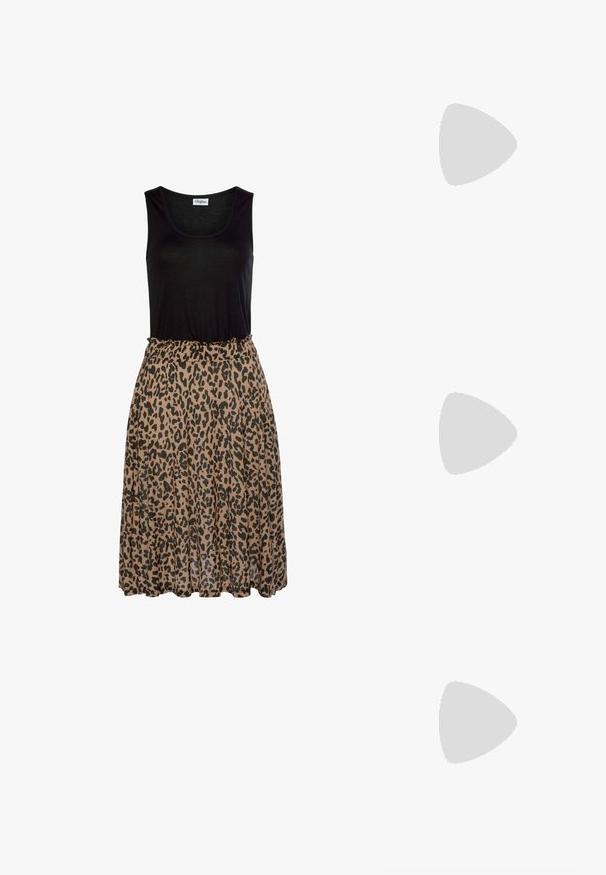 Black sleeveless top with a leopard print, soft brown skirt. The skirt features a gathered elastic waistband and flowing fabric texture.; Black leather Chelsea boot featuring elastic side panels, a pull tab, and a rugged, thick sole with deep grooves for traction.; Black rectangular sunglasses with dark lenses, glossy finish, wide arms, and a chunky frame design. Engraved brand name on one arm.; Gold chain necklace with a round clasp detail, featuring interlocking links, a shiny finish, and adjustable length.