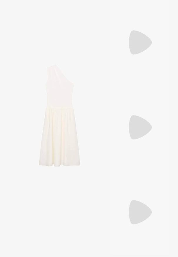 Yhden olkaimen polven pituinen mekko kermaisen värin sävyssä, kevyt kangas, jossa on tiukka yläosa ja lentävä hame.; Valkoinen beige avotassu sandaalit, joissa on punottu hihnadesign, säädettävä nilkkakiinnitys ja litteä ruskea pohja. Sileä materiaali ja minimaalinen sisustus.; Musta nahkainen käsilaukku, joka on kaareva muotoilultaan, irrotettavalla hihnalla ja kultaisilla yksityiskohdilla. Laukussa on läppä, jossa on solk yksityiskohta.; Kultahipuinen korvakoru, jossa on sulavalinjainen, kaareva muotoilu. Ominaisuuksiin kuuluu erottuva terävä muoto, kiillotettu pinta ja sarana kiinnitys.