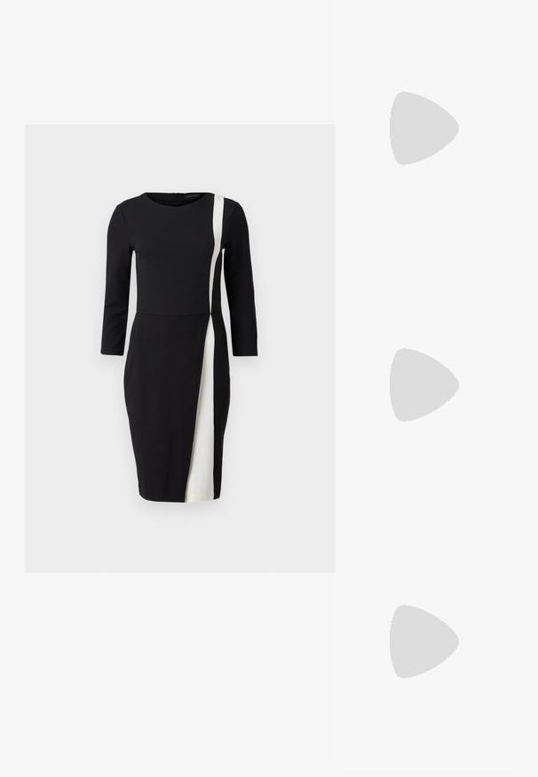 Fekete ruha háromnegyedes ujjal, fehér átlós csíkkal. Simasága miatt kedvelt anyag, szűkített derék és térd felett végződő fazon.; Fekete lakk bőr, pántos magassarkú cipő, hegyes orral, lekerekített kivágással és tömbsarkal. Arany színű csat díszíti.; Fekete, oversize napszemüveg fokozatos árnyalatú lencsékkel, vastag kerettel és arany színű lánc díszítéssel a szárakon.; Fekete tote táska szintetikus anyagból, egyszerű téglalap formájú dizájnnal, arany négyzet díszítésekkel és dupla fogantyúkkal.