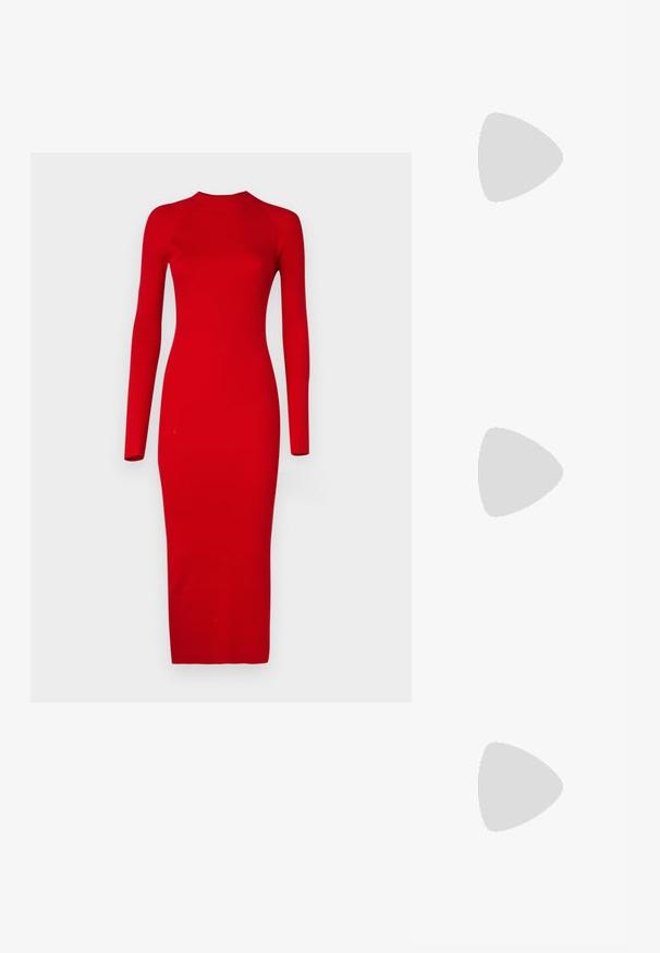 Vero Moda Tall VMWILLOW DRESS - Neulemekko - salsa; Beige litte sandaalit, joissa on useita hoikkia hihnoja ja säädettävä solki. Pohja on litteä, ja reunassa on kevyt tumma kontrasti.; Musta nahkainen olkalaukku, jossa on sileä pinta, suorakulmainen muoto ja metalliketju yksityiskohtana edessä. Mukana säädettävä hihna.; Hopeinen kaksinkertainen rengas, jossa on sileä, kiillotettu pinta. Siinä on sulava, kaareva muotoilu, jossa on päällekkäisiä osia modernin ilmeen saavuttamiseksi.