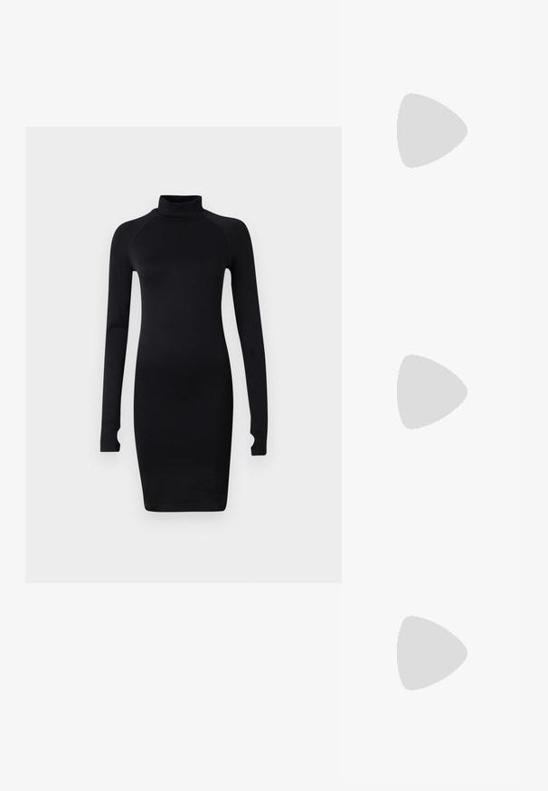 Črna oprijeta obleka z visokim turtleneck ovratom, dolgimi raglan rokavi in ribastim detajlom na manšetah. Narejena iz gladkega, elastičnega materiala.; Črne gležnjarje z debelim peto, okrašene s srebrnimi žebljički in trakovi, ki so izdelane iz usnja z gladko teksturo in zadrgo.; Črna usnjena torbica na preklop z zlato kovinsko zaponko. Vključuje črn trak in eleganten, minimalističen dizajn.; Zlate obroče ušesne uhane, tanke in krožne oblike, z gladko kovinsko površino brez okrasnih elementov ali vzorcev.
