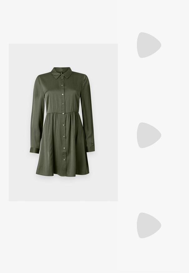 Pikad varrukad oliivroheline nööbidress, millel on ehtne talje ja krae, kergelt laienev seelik ning käised on mansetiga.; Valge rihmadega kontsade sandaal, millel on pahkluubuck, sile tekstuur, ruudukujuline varvas ja skulptuuriga kand. Heledat beeži värvi sisetald.; Kübarid, millel on ristkülikukujulised, tumedhalli värvi läätsed, hõbedased metallraamid ja mustad plastotsad käeotsades. Kerge disain koos nina padjadega.; Michael Korsi randmevõru beige kaetud kangast, millel on korduv MK logo muster, kuldne riistvara ja eemaldatav ahelistrap.; Kuldsetest metallist kõrvarõngad lainelise disainiga; sile, peegeldav pind; asümmeetriline kuju; nähtavad mustrid või kinnitused puuduvad.