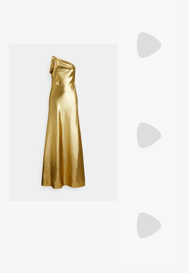 One-shoulder gold satin dress with a tie detail at the shoulder, featuring a smooth, sleek texture and floor-length design.; Beige high-heeled pump, pointed toe, smooth leather finish, slim stiletto heel, minimalistic design with a subtle back detail.; Gold sequin clutch with a rectangular shape, featuring a twisted chain handle and a metal clasp closure, reflecting light with a textured finish.; Gold-tone knot stud earrings with a twisted design. Each earring features a circular clear backing for secure wear.