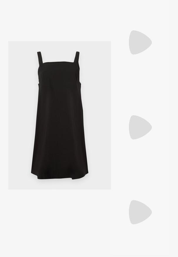 Black sleeveless dress with a square neckline, made from smooth fabric, featuring a loose fit and straight cut. No visible patterns or hardware.; Knee-high black leather boots with a pointed toe and small heel, featuring a smooth texture and minimalistic design.; Sunglasses with an oval shape, clear plastic frame, dark gray lenses, and thin transparent arms featuring logo accents and minimal detailing.; Beige handbag made of soft material, featuring a slouchy design, stitched detailing, and two shoulder straps. Suitable for everyday use.