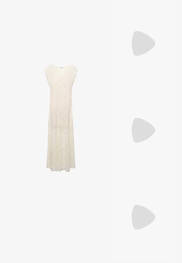 Bela bombažna majica brez rokavov s kvadratnim izrezom in ožjimi naramnicami. Na sprednji strani ima majhen črn vezene CK logotip.; Dolge čipkasté oblečenje v off-white barvi z ohlapnim krojem, kratkimi rokavi in cvetličnim vzorcem. Tkanina je pol-prosojna in ima tekoč silhueto.; Čevlji s peto v leopardjem vzorcu, s konicami, črnimi lakastimi detajli, tanko visoko peto in nastavljivim zaponko. Sintetični material.; Even&Odd Torbica - beige