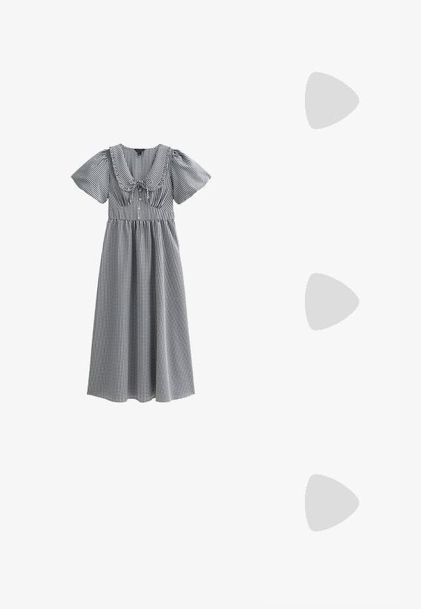 Rode geribde tanktop met een ronde halslijn en een mouwloos ontwerp. Gladde textuur en aansluitende pasvorm, zonder extra patronen of accenten.; Zwart-witte gingham jurk met korte pofmouwen, een brede halslijn, gathered taille en een rok tot op de knie. Heeft een strik in het midden.; Zwarte gepatineerde leren slingback pump met een spitse neus, uitsparingen aan de zijkanten, een verstelbare enkelband en een dunne, slanke hak.; Zwarte leren tas met een gladde structuur, rechthoekige vorm en twee lange handgrepen. Eenvoudig ontwerp zonder zichtbare hardware of versieringen.