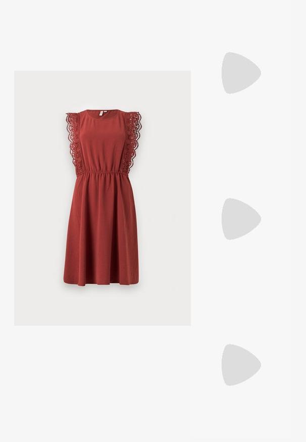 Red dress with short lace-trimmed sleeves, round neckline, and elastic waist. Made of soft fabric, featuring a relaxed A-line silhouette.; Silver metallic ankle boots with pointed toes, textured upper, elastic side panels, and a sculpted black heel. Decorative stitching pattern.; Black oval-frame glasses with translucent purple accents on the lenses. Frames have a matte finish and slender, straight temples.; Blue denim bag with a padded, rounded shape and a curved handle. The texture is soft, featuring visible stitching and a smooth finish.