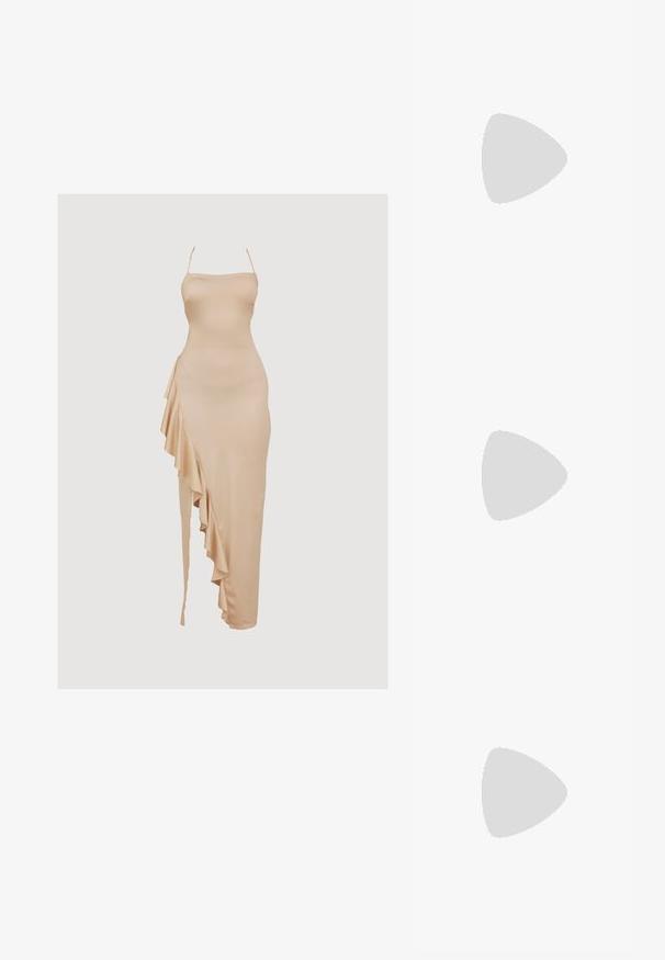 Nude satin dress with a fitted bodice and asymmetrical ruffle detailing on the left side, featuring thin adjustable straps.; Pointed-toe slingback shoe in shiny white material. Slim heel with accented metallic details. Open back design. Smooth, reflective texture.; Yellow faux-crocodile handbag with a structured design, top handle, detachable chain strap, and decorative crystal embellishment on the clasp.; Gold-colored ring with a smooth, twisted design. Features a polished surface and rounded edges, creating a seamless, fluid shape.