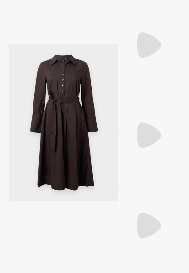 Barna, hosszú ujjú ruha gombos elülső részel, gallérral és övvel ellátott derékkal. Áramló szoknyával és oldalsó zsebekkel rendelkezik. Simább anyagú textúra.; ONLY SHOES ONLBAX - Cowboy és motoros csizmák - black; Fekete bőrtáska ívelt formával, levehető pánttal és arany színű fémrészekkel. A táskán egy csattal díszített fedél található.; Aranyszínű fém fülbevaló, elegáns, ívelt formával. Különleges hegyes alak, fényes felszín és zsanéros záródás jellemzi.