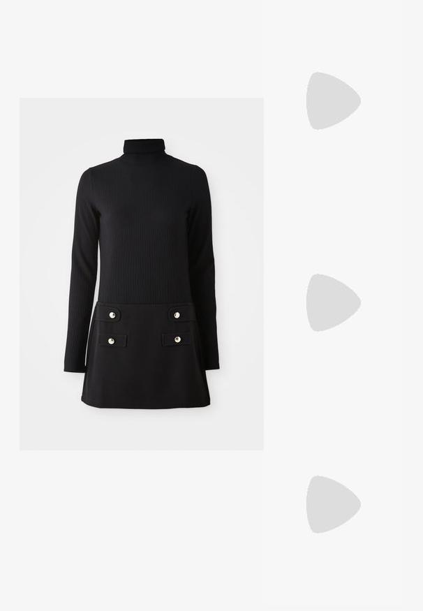 Black ribbed turtleneck dress with long sleeves, featuring a fitted bodice and a flared skirt with two front pockets and gold-tone buttons.; Black leather loafers feature a high, chunky platform with a textured sole. They have a stitched design and a gold-toned accent on the strap.; Maje MISS MINI - Cross body bag - noir; Gold-tone earrings with multiple cascading chains, featuring clear oval rhinestone accents and decorative stud tops.