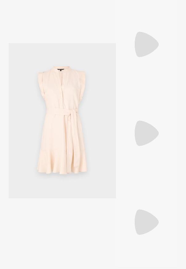 Pink one-piece swimsuit with a smooth texture, featuring a gathered twist detail at the waist and a rounded neckline.; Light pink dress with a buttoned front, mandarin collar, sleeveless design, and a tied waist belt. Features a flared hem. Smooth texture.; Black leather ballet flat with a rounded toe, smooth texture, minimal stitching detail, and a flexible sole design.; Black leather handbag with a curved shape, featuring a decorative design on the front, a short strap, and gold-tone hardware accents.
