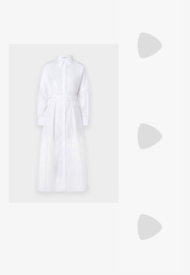 White, long-sleeve shirt dress with a button-down front, cinched waist belt, and a relaxed fit. Made from smooth, lightweight fabric.; White high-heel shoe with a pointed toe, ankle strap, and textured leather finish. Features a sleek design and thin stiletto heel.; Black leather crossbody bag with half-moon shape, textured surface, gold zipper, and a flat strap. Compact design suitable for essentials.; Gold-tone hoop earrings with a smooth, rounded shape and a shiny surface. Secured by a silver-tone hinge.