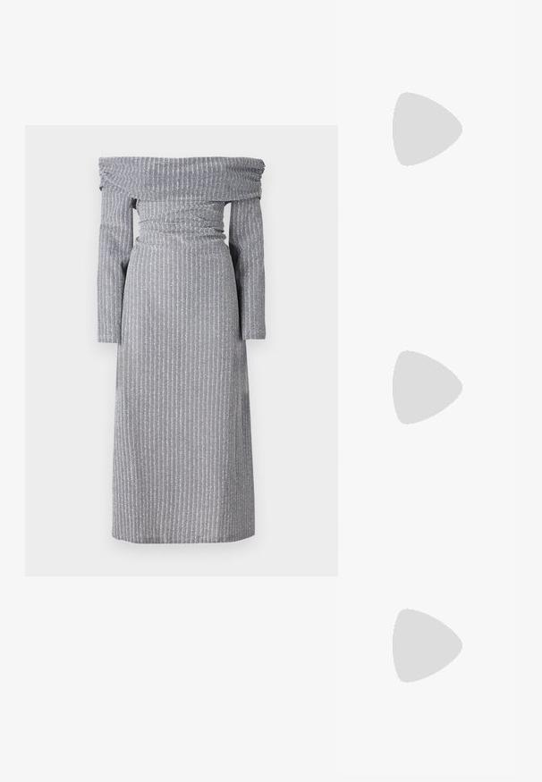 Kergelt hall off-the-shoulder kleit, millel on peened vertikaalsed triibud, liibuva vöökoha, pikad varrukad ja voolav siluett. Pehme kangast tekstuur.; Nude värvi silmadega slingback kontsad, millel on terav varvas, õhuke pahkluu rihm ja stilettokonts, mille alusel on must aktsent.; Sinine kangast käekott, millel on volditud tekstuur ja paks, laineline sang. Omab kergeid triibumustreid kogu ulatuses. Kompaktne ristkülikukujuline kuju.; Kullatud tooni kõrvarõngad, millel on Saturni disain, tekstureeritud ribaga ja sisse pandud ringikujulised kristallid lisasära jaoks.