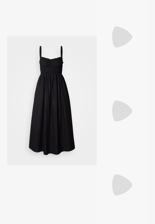 Black sleeveless dress with gathered bodice, elastic waist, and flowing skirt. Made of lightweight fabric with a smooth texture.; Metallic gold sandal with a slim ankle strap, open toe, and a low, block heel. Features minimalistic design and smooth texture.; White structured handbag with short handles and a shoulder strap, featuring gold hardware accents and textured material, displayed against a grey background.; Gold mesh band watch by Daniel Wellington with a round black dial, gold hour markers, and logo at 12 o’clock. Simple, elegant design.