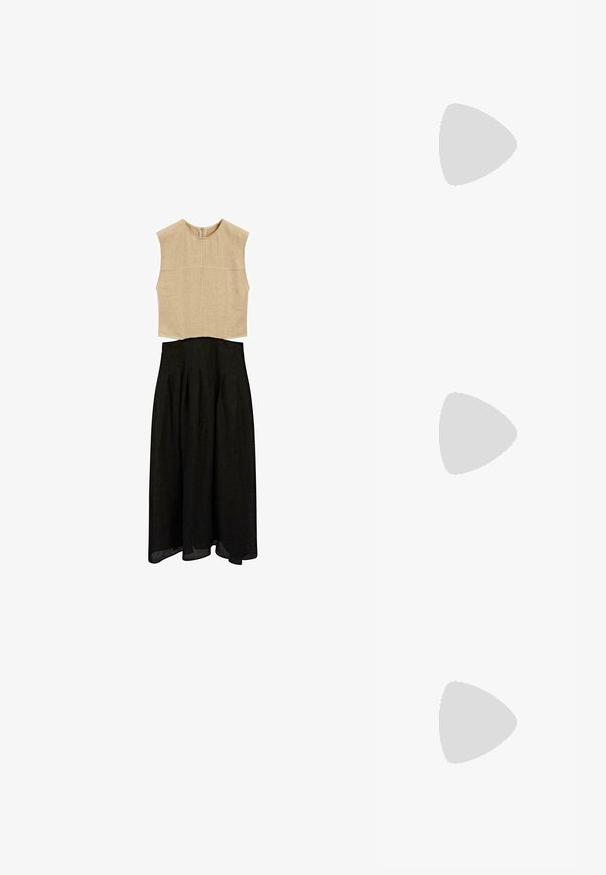 Beżowa top bez rękawów z wysokim dekoltem i teksturowanym wykończeniem, zestawiona z czarną spódnicą w kształcie litery A z plisami i luźnym dołem.; Vans KNU STACK złoty; Brązowe ośmiokątne okulary przeciwsłoneczne z przezroczystą bursztynową oprawką i brązowymi soczewkami. Posiadają metalowy akcent na nosku oraz smukłe zauszniki.; Czarna skórzana torebka o gładkiej fakturze, zaokrąglonym kształcie, złotych akcentach metalowych i podwójnych uchwytach. Posiada dekoracyjny zamek z boku.
