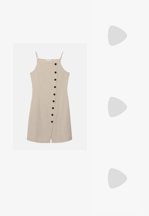 Beige linen dress with thin straps and a button-down front, featuring six black buttons, fitted bodice, and flared hemline.; Beige pointed-toe high heels with a textured fabric upper, a slender heel, and a subtle shimmer effect for added detail.; Gold sequin handbag with a rectangular shape, featuring a short handle and a long chain strap. The texture is shiny and reflective.; Cream padded headband with twisted design, paired with a beige and white striped shirt featuring a round neckline. Subtle jewelry accents.