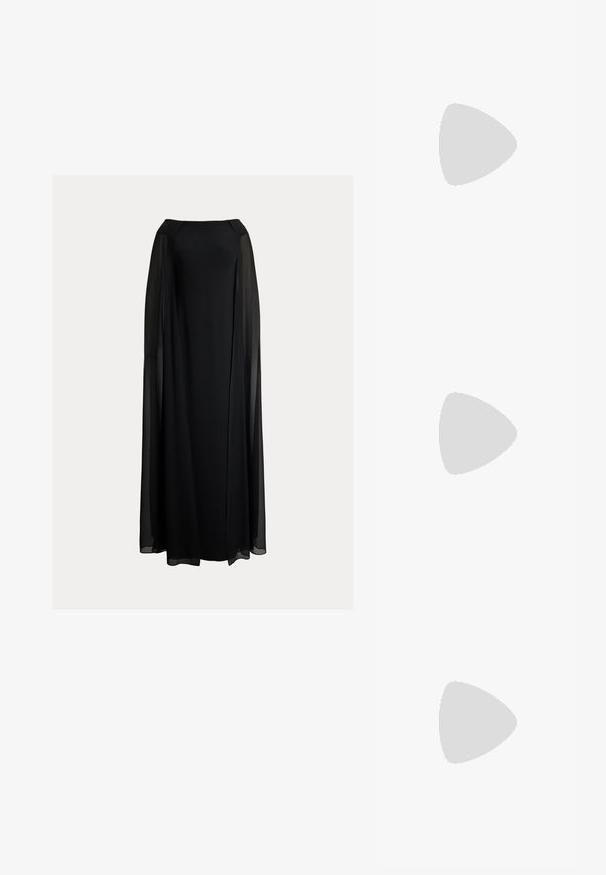 Lauren Ralph Lauren CAPE CHIFFON OFF THE SHOULDER GOWN - Pidulikud riided - black; Kullatud kõrged kontsad tekstuuri viimistlusega, õhuke pahkluu rihm ja kitsas esiosa, millel on õrn kaunistus.; Valge nahast kott tekstureeritud viimistlusega, millel on kuldne kettling ja mustad aktsendid. Include eesmine tasku ja tõmblukk.; Kuldtoonilised metallist rõngas kõrvarõngad, millel on kõver ja piklik kuju. Omavad siledat, läikivat pinda ja ümarat tipptugevdust, mis lisab detaili.