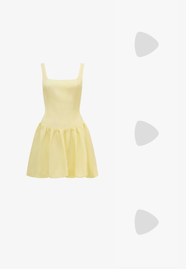 Yellow dress with square neckline, thin shoulder straps, fitted bodice, and a flared, gathered skirt. Made from lightweight fabric.; Light brown leather sandals with a flat sole, featuring structured straps and an adjustable ankle buckle, paired with a black eyelet skirt.; Oval sunglasses with a translucent pale yellow frame and brown lenses. Features smooth texture and subtle hardware accents on the sides.; Yellow woven straw handbag with a V-shaped cutout handle. The top features a delicate lace pattern; the bottom is smooth and textured.