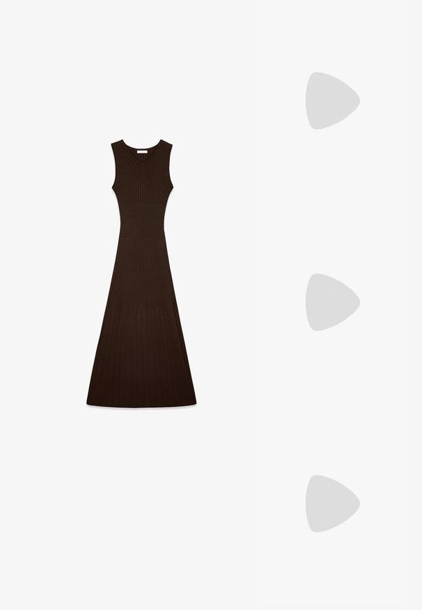 Black bodysuit with a high neck. Features solid upper section and sheer mesh long sleeves, accentuated by a curved design at the waist.; Brown ribbed knit maxi dress with a V-neckline, sleeveless design, and a fitted bodice that flares out toward the hem.; Black patent leather slingback pump with pointed toe, open side cutouts, slim heel, and adjustable ankle strap.; Burgundy textured faux leather clutch with a gold chain strap and a metal accent clasp. Rectangular shape, smooth finish, minimal detail.; Gold necklace featuring a single strand of clear, round-cut crystals, securely set, with a smooth, polished finish. Oval shape, delicate design.