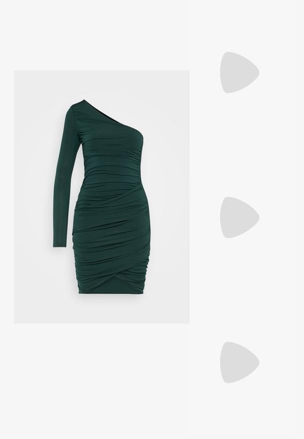 One-shoulder, dark green dress made of soft, ruched fabric, featuring long sleeve and a fitted silhouette with twisted details at the hip.; Black suede slingback high-heeled shoe with a pointed toe, featuring side cutouts and a moderate heel height. Smooth surface texture.; Round sunglasses with dark lenses and gold frames. The model wears a light blue, ribbed cardigan with buttons and contrast white sleeves.; Michael Kors wristlet in beige coated canvas featuring a repeating MK logo pattern, gold hardware, and a detachable chain strap.